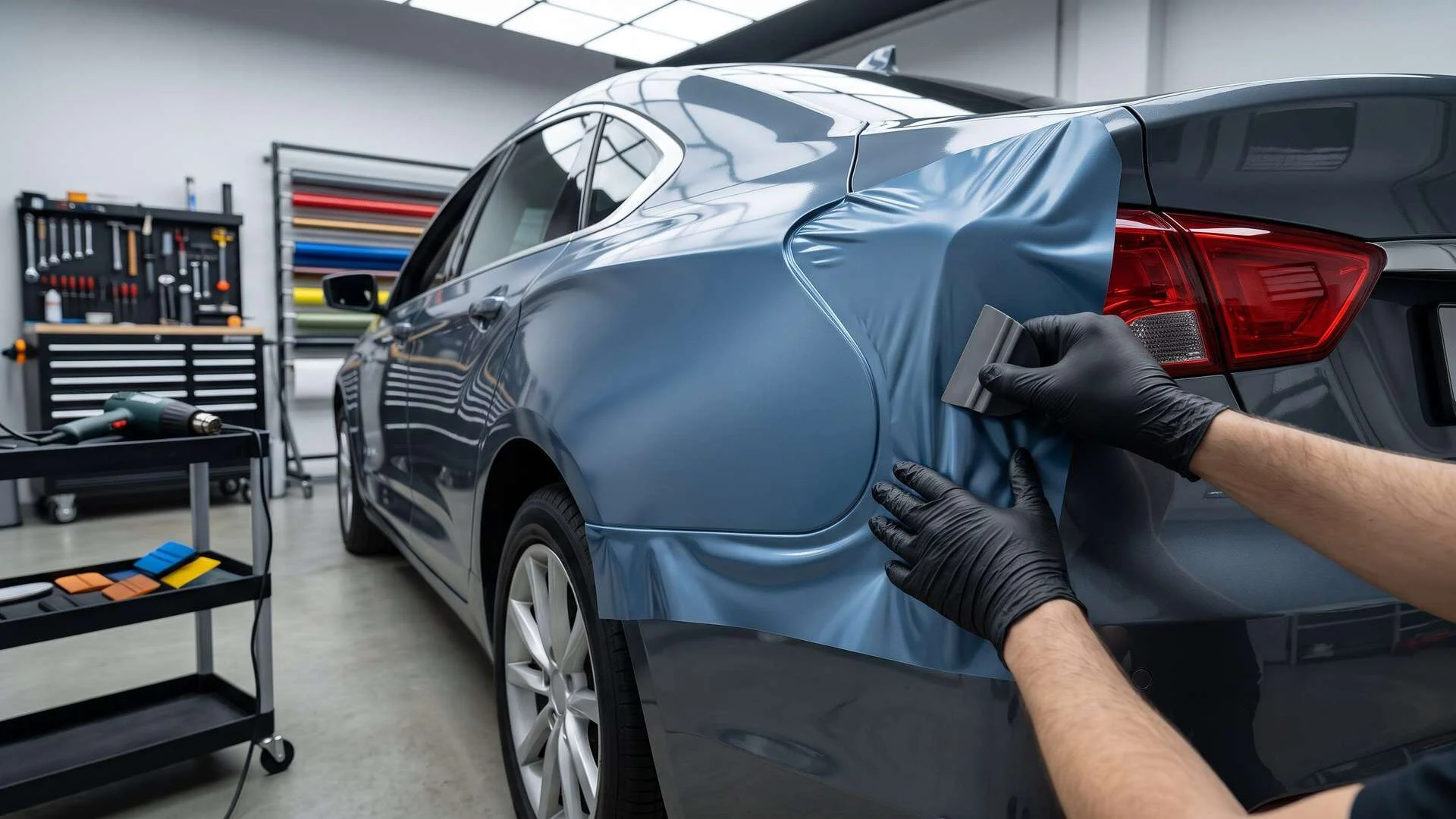 Technician working colored paint protection film around a curved vehicle panel
