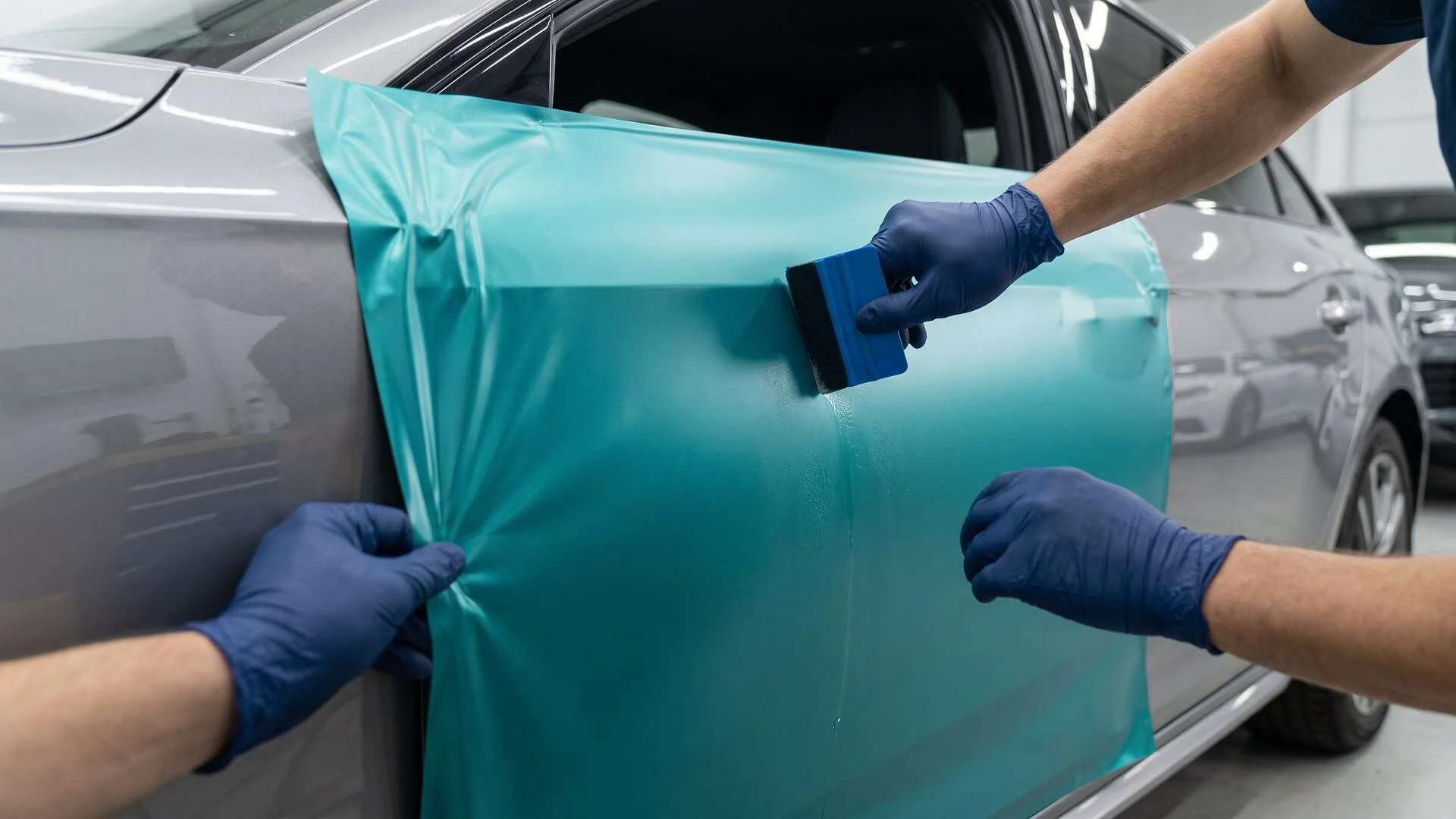 Gloved installer applying colored paint protection film to a vehicle body panel