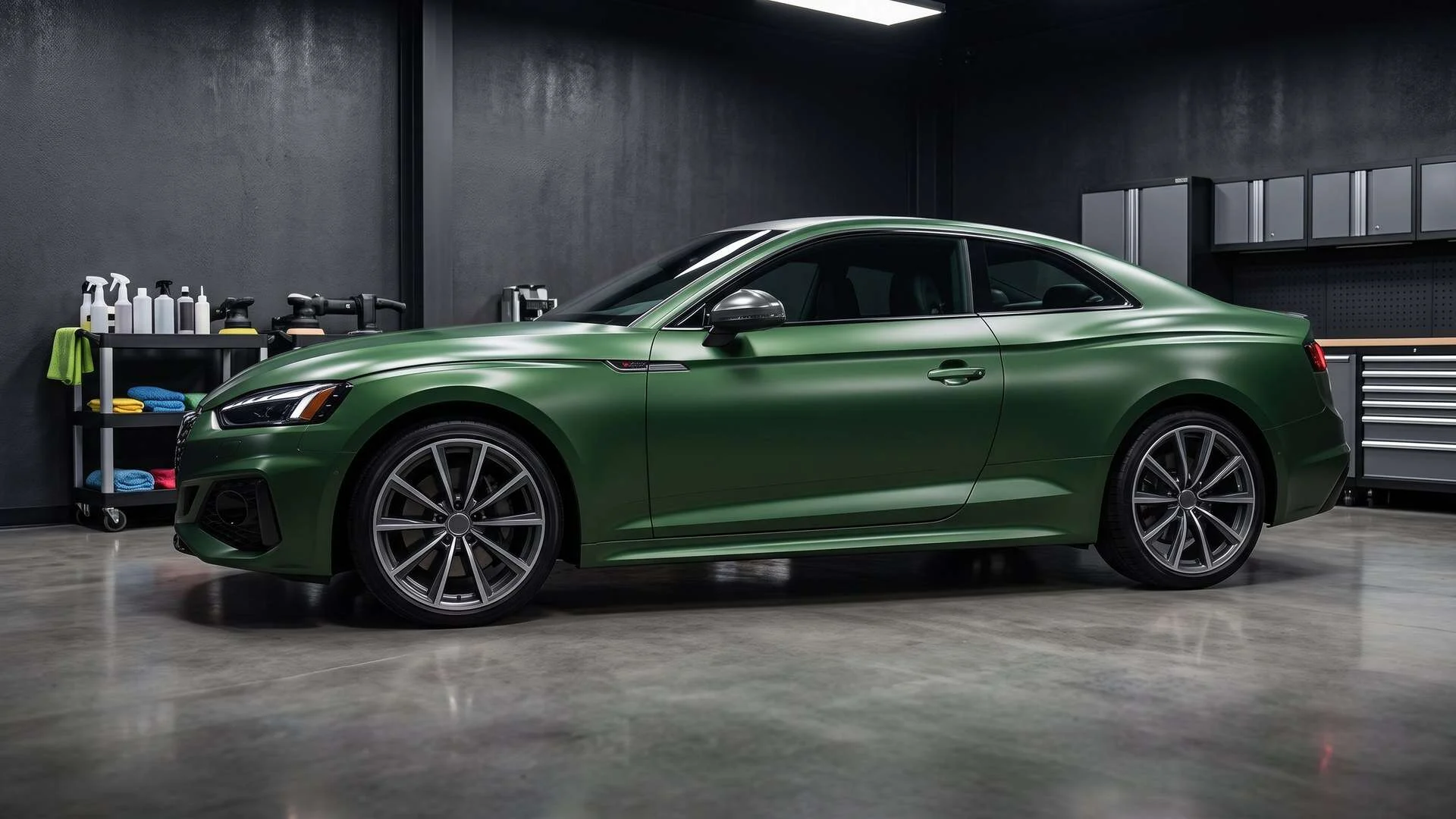 Finished unbranded luxury coupe with a clean colored paint protection film surface
