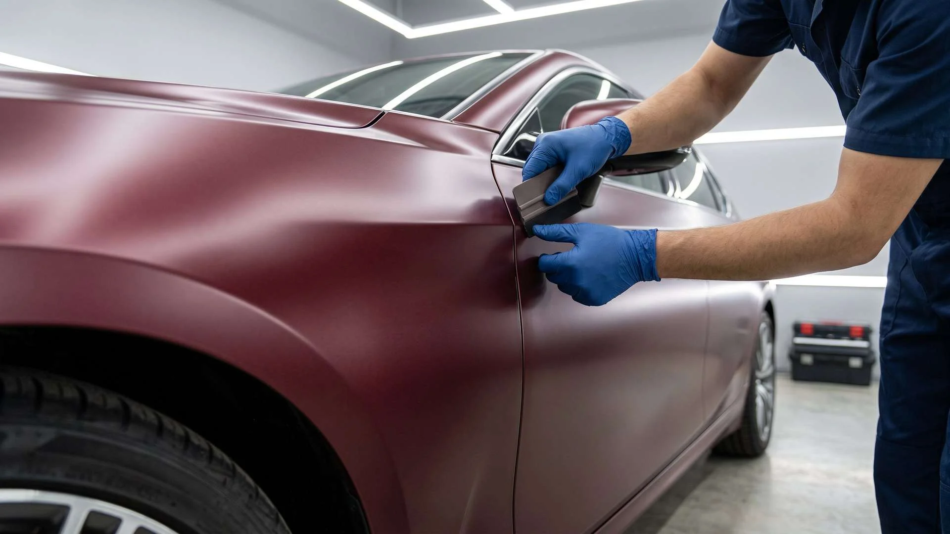 Close view of a smooth colored paint protection film finish on a vehicle panel