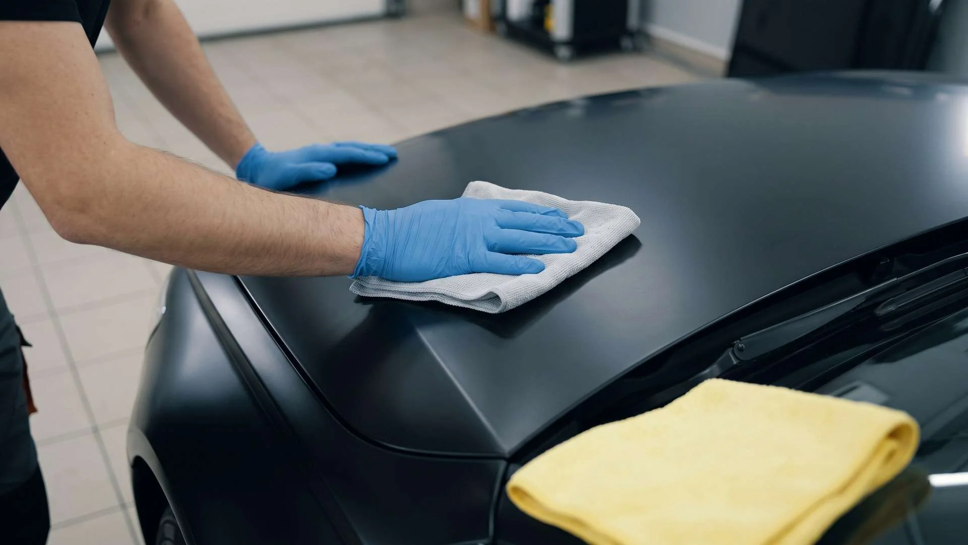 Technician cleaning a generic vehicle panel before vinyl wrap application