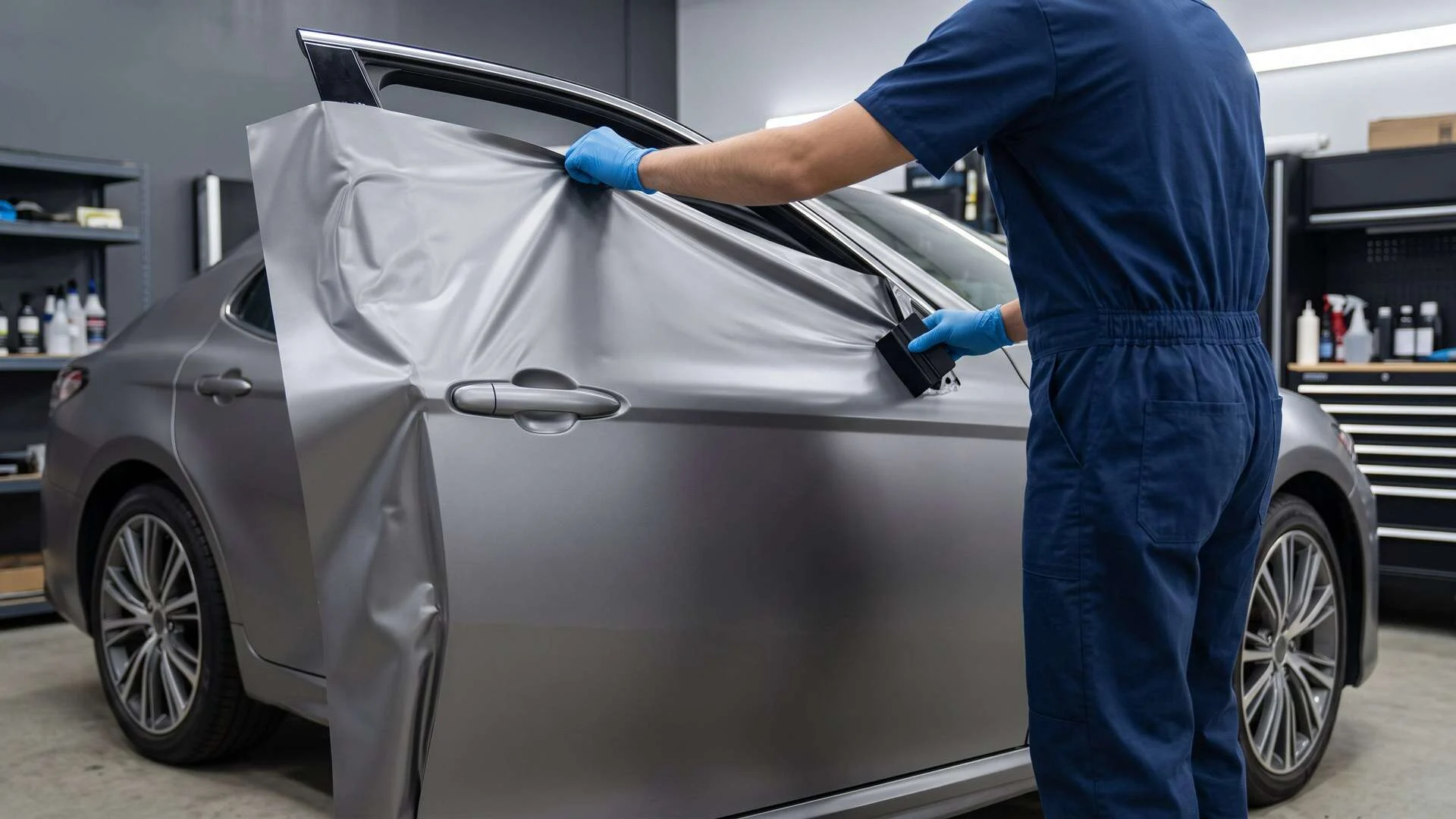 Gloved installer applying vinyl wrap to a generic vehicle door panel