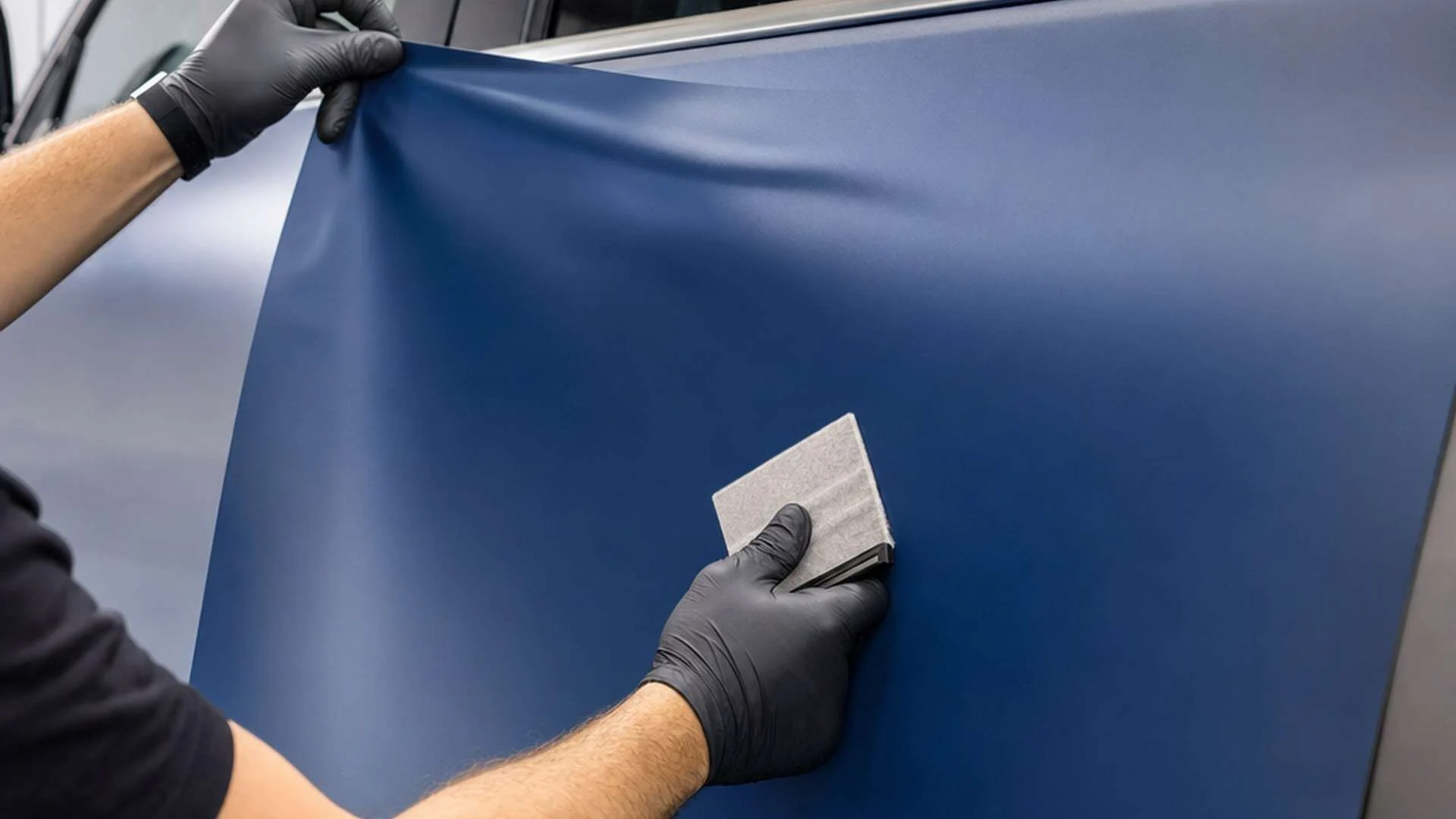 Finished unbranded luxury vehicle with a smooth satin vinyl wrap inside a clean workshop